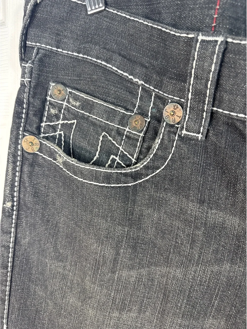 True Religion Black Distressed Denim Jeans with White Stitching